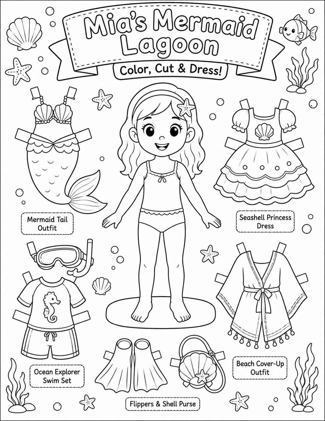 Mia's Mermaid Lagoon — Uncolored Line Art
